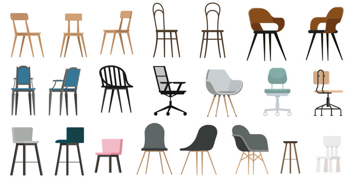 Chair set. Comfortable empty chairs collection. Wooden, metal, plastic, wicker, rolling, modern, old, luxury, classic, home, office, garden chair set. Interior furniture decoration style