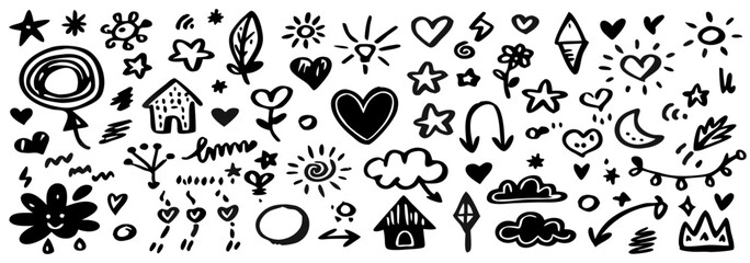 Hand-Drawn Doodle Collection: Hearts, Stars, Houses & More
