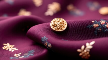 A close-up of a purple fabric with floral prints and a decorative gold button resting on its folds.