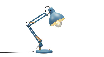 Blue desk lamp with illuminated bulb on white background