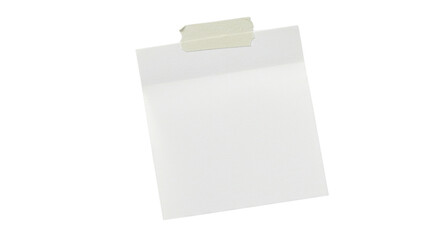 Blank white sheet of paper attached with tape on white background