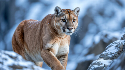 A powerful cougar treads carefully through a snowy mountain pass