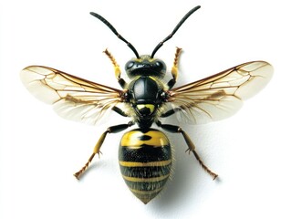 Close-up of a wasp with wings outstretched, black and yellow striped body, on a white background
