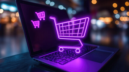 Laptop with glowing neon pink shopping cart on screen, representing online retail and e-commerce shopping. Flash sale cyber Monday. Day After Thanksgiving - Global Discount Day, November Event © O