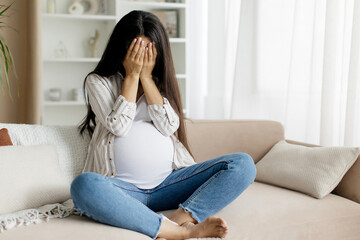 Sad Pregnant Woman Crying At Home, Having Maternity Depression, Suffering Hormonal Changes During...