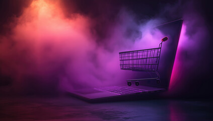 Shopping cart emerging from laptop screen in dramatic smoke, concept for online retail, web cyber Monday sale. Shopping Friday, Day After Thanksgiving - Global Discount Day, November Sales Event