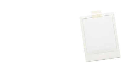 Blank instant photo frame with adhesive tape on white background