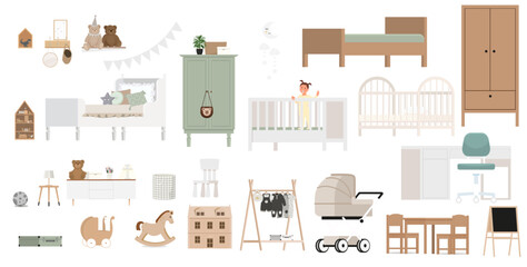 A set of isolated items for a children's room: beds, strollers, tables, wardrobes, toys.