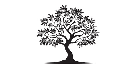 Stylized black and white fruit tree silhouette with detailed leaves