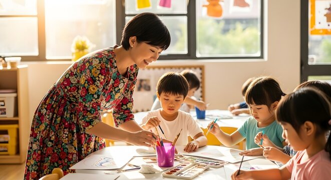 teacher helping student in classroom