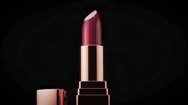 Luxury Lipstick: Elegant berry-toned cosmetic with a shiny rose-gold case displayed against a dark background, emphasizing beauty and sophistication.