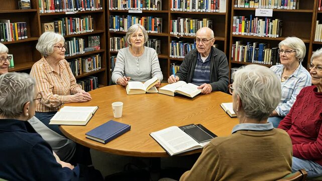 Group of senior women and men having a discussion during a book club meeting in a library. Book club in library, footage.
