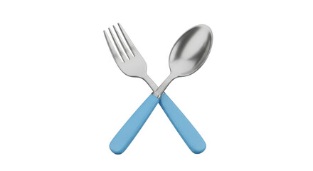 Crossed fork and spoon with blue handles on white background
