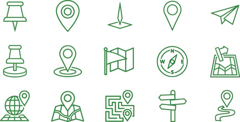 Vector art of a set of green location and navigation icons isolated on white background