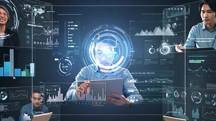 Diverse team of business people, men and women, in a virtual video conference with digital data on screens footage. - Powered by Adobe