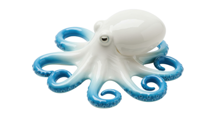 Detailed White Porcelain Octopus Sculpture with Blue Gradient Tentacles Isolated on White