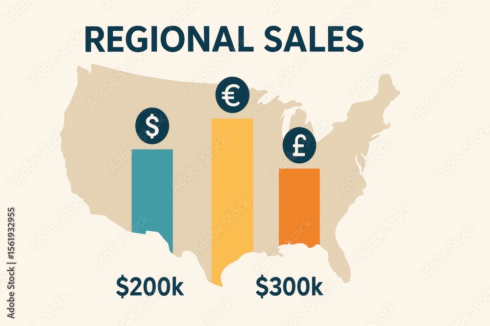 Poster regional sales comparison with bar graph representing different currency values