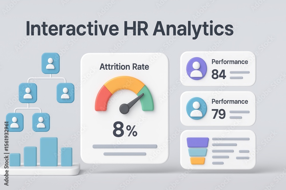 Poster interactive human resources analytics dashboard with attrition rate and performance metrics