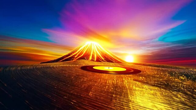 Volcano eruption sunset landscape