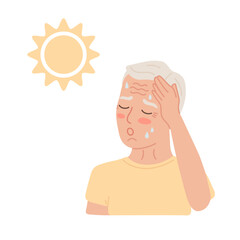 Elderly man with heatstroke from sun and heat. Burn and red skin of old person. Dehydration and thirsty senior male in hot weather. Flat vector illustration