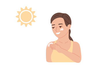 Girl apply sunscreen cream on face and body. Sun protection concept for summer safety. Skin care and health problems. Flat vector illustration