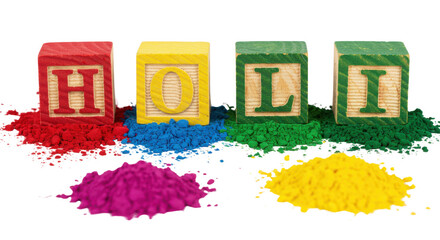 Holi spelled out in wooden blocks with colored powder isolated PNG with Transparent Background