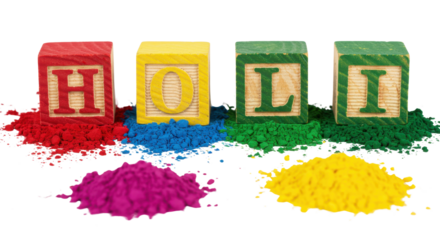 Colorful wooden alphabet blocks spelling HOLI resting on vibrant Gulal colored powder, isolated on white.