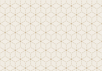 Elegant geometric pattern with interconnected hexagon, triangles and striped lines, creating a sophisticated, repeating gold and cream background. Vector illustration 