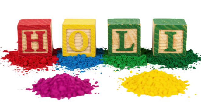 Colorful wooden alphabet blocks spelling HOLI resting on vibrant Gulal colored powder, isolated on white. - Powered by Adobe