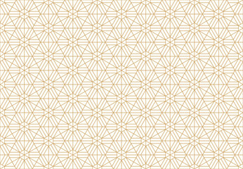 eamless pattern showcasing an intricate arrangement of interlocking hexagons and triangular shapes, forming a repeating gold linear design on a white background. Ideal for elegant aesthetics.