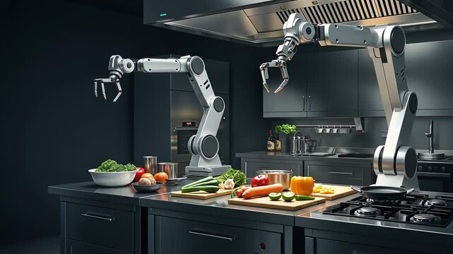 Robotic arms preparing food in smart kitchen. Automation and artificial intelligence in culinary industry future. Robotic chef in modern cooking technology.
