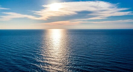 Obraz premium Spectacular abstract image of a scenic calm ocean, sunrise sky reflecting in the water. Sunset and natural. Digital art 3D illustration.