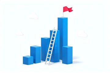 Goal Achievement Illustration: Blue Bar Graph with Ladder Leading to Red Flag on Top, Business Success Concept, 3D Render