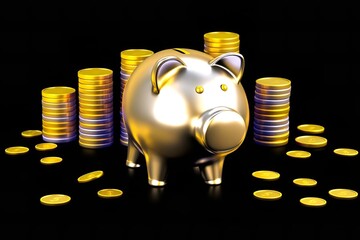 Golden Piggy Bank with Gold Coins on Black Background: Savings, Finance, Investment, Wealth, and Financial Security Concept