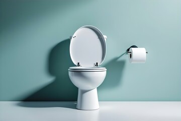 Clean White Toilet Bowl with Open Lid & Toilet Paper Roll Against a Light Blue Wall - Modern Bathroom Fixture Stock Image
