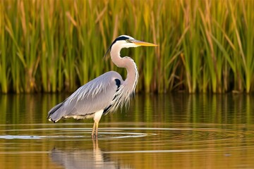 Great Blue Heron Standing in Water: Wildlife Bird Photography, Tall Grass Background, Nature Scene, Birdwatching Image