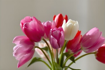 Vibrant Tulip Bouquet: Close-Up of Pink, Red, and White Flowers in Soft Light - Spring Floral Still Life Photography