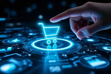 Online Shopping Concept: Hand Touching Glowing Shopping Cart Icon on Digital Interface. E-commerce Technology & Future of Retail.