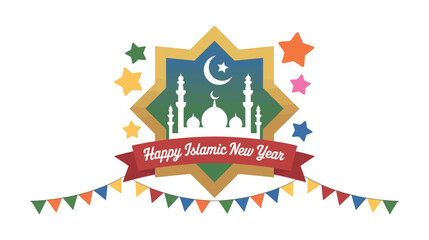 happy islamic new year greeting card with mosque, crescent moon, minarets, colorful banners and stars in festive green-yellow background