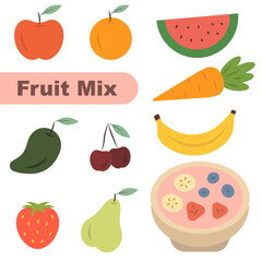 Illustration of fruit mix in flat style. Color illustration with set of fruits.