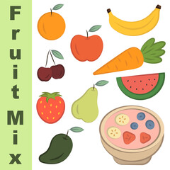 Fruit mix in flat style. Flat cartoon style, isolated image on white background.