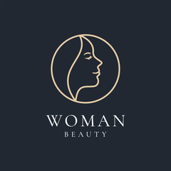 Minimalist beauty logo with elegant female face profile in circular line art