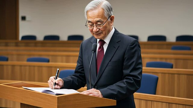 An aged asian man addressing audience from podium, holding pen and writing notes, concept of conference.