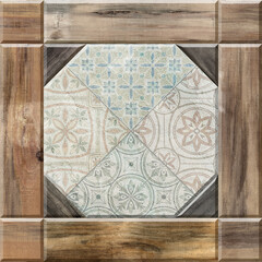 Grunge concrete wall with ornaments and prints. Colorful ceramic wall tiles decoration. Abstract damask patchwork background