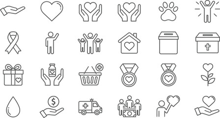 Vector art of a collection of charity and donation icons representing support, love, and community involvement