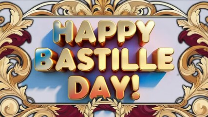 Animating 3D gold HAPPY BASTILLE DAY text sliding on backdrop framing filigree and laurel wreath - Powered by Adobe
