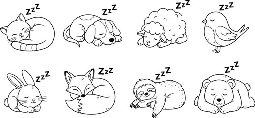 Vector art of collection of sleeping animals icons, representing rest and tranquility, isolated on white background