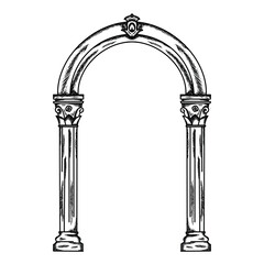 Classical arch hand-drawn in vintage engraved sketch outline technique. This architectural illustration features ornate columns and curved stonework