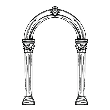 Classical arch hand-drawn in vintage engraved sketch outline technique. This architectural illustration features ornate columns and curved stonework