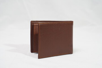 Elegant brown textured leather wallet standing upright, featuring subtle stitching and a classic, durable design.